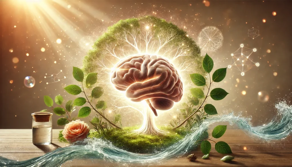 Luminous human brain made of light surrounded by green leaves, flowing water, and sunlight, representing natural cognitive enhancement and mindfulness.