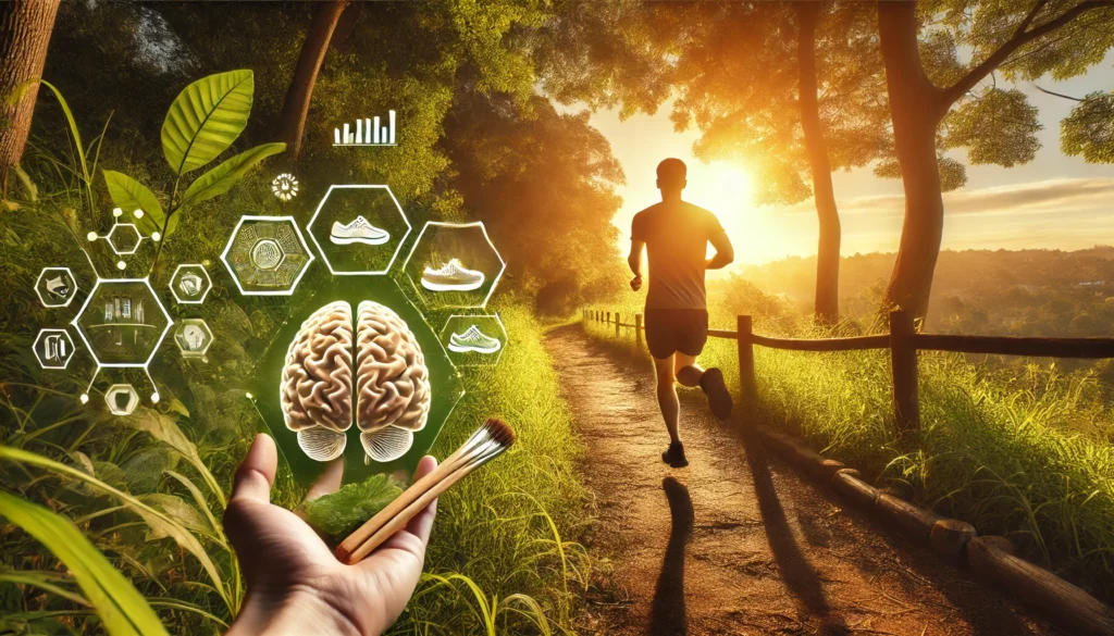Person running on a forest trail during golden hour, enveloped in greenery and sunlight, highlighting the mental benefits of natural physical activity.