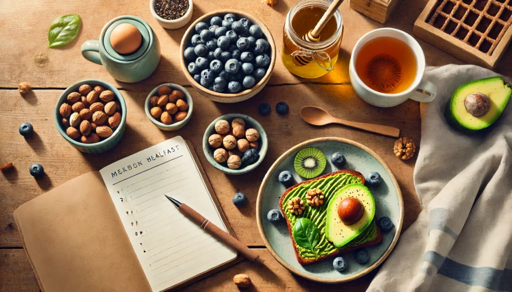 Top-down view of a brain-healthy breakfast with avocado toast, blueberries, nuts, and green tea on a wooden table in morning light, representing natural mental nourishment.