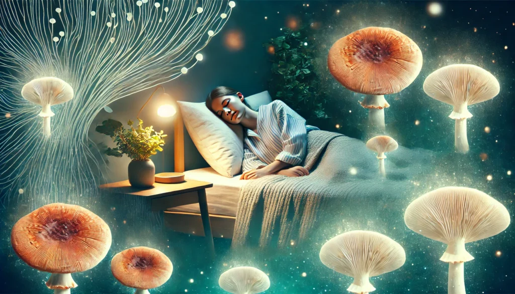 Person sleeping peacefully in a softly lit bedroom with dreamlike glowing mushrooms surrounding the bed, representing improved sleep through mushroom supplements.