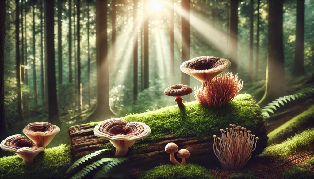 Medicinal mushrooms growing naturally on moss-covered logs in a quiet forest with filtered sunlight, symbolizing the calming and natural origin of anxiety-relieving fungi.