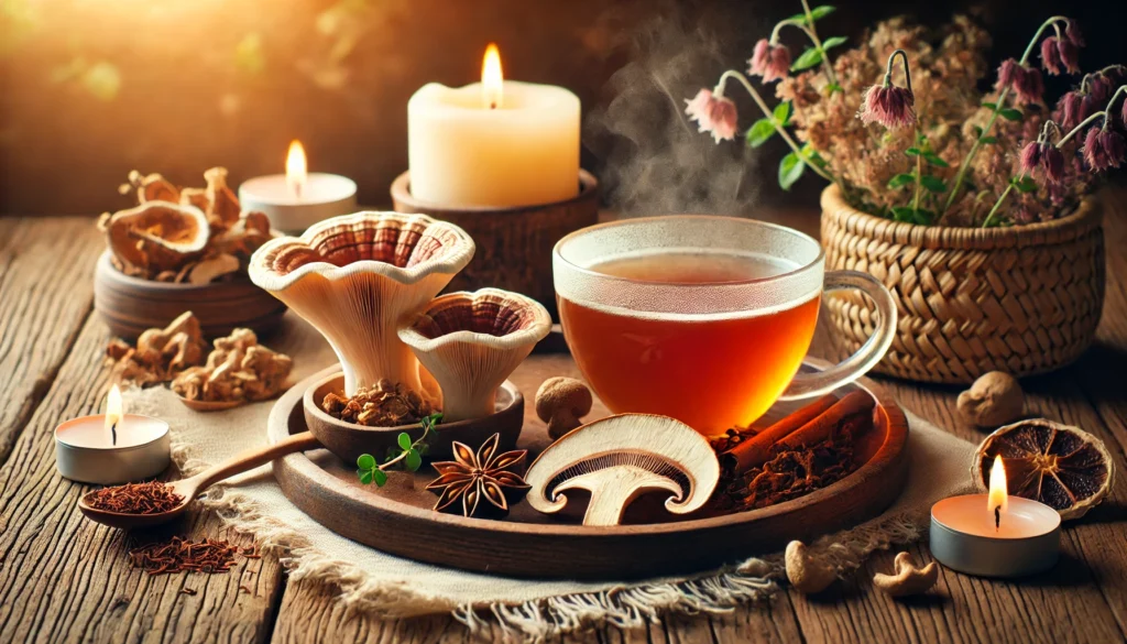 Warm, tranquil tea setup with a steaming cup of mushroom tea alongside calming herbs and candles, evoking stress relief and relaxation benefits of medicinal mushrooms.