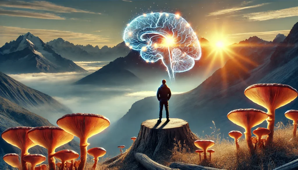 Person standing on a sunrise-lit mountain peak with a glowing neural brain overlay and mushrooms subtly blended into the landscape, representing mental vitality and focus.