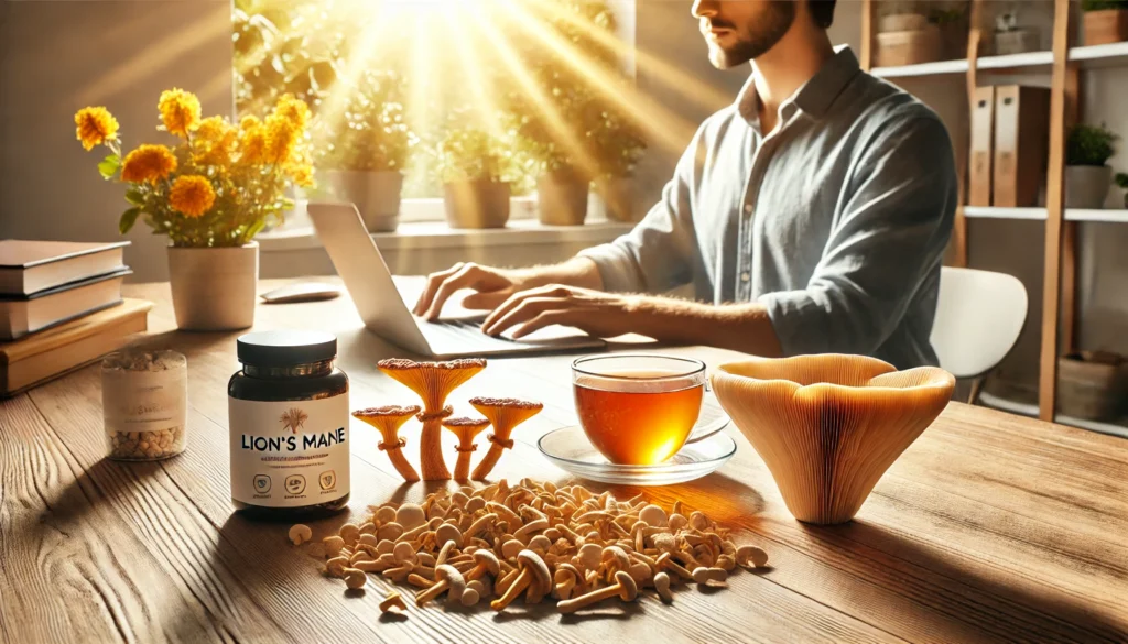 Focused person working at a modern sunlit desk with mushroom tea and lion’s mane and cordyceps supplements, illustrating enhanced productivity and mental sharpness.