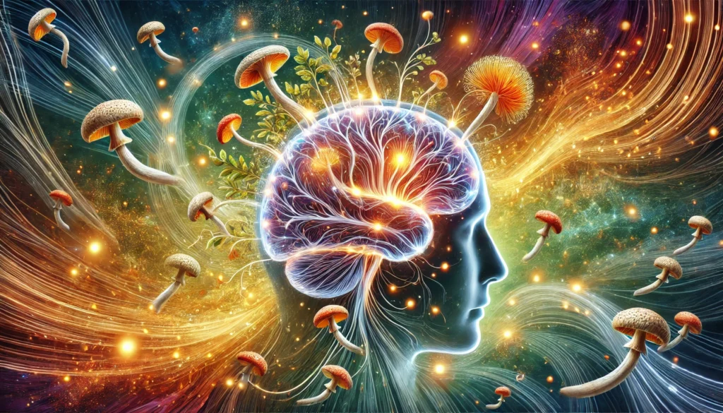 Artistic glowing brain surrounded by swirling energy and mushrooms integrated into neural pathways, symbolizing cognitive clarity and lasting vitality from medicinal fungi.