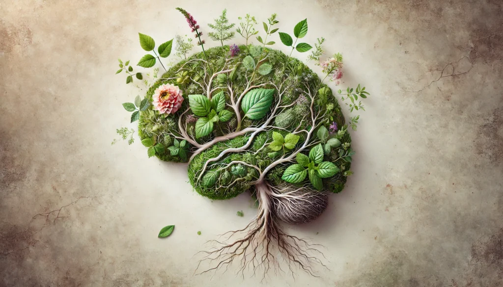 Artistic brain shape formed by growing herbs, roots, and plants on an organic background, symbolizing natural cognitive support and herbal remedies for concentration.