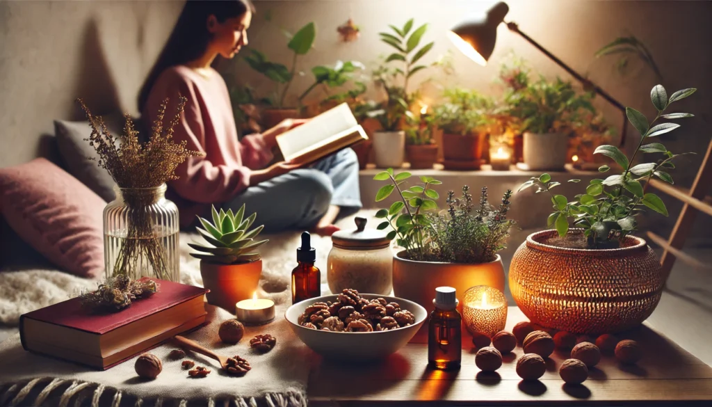 Cozy reading corner with a person journaling or reading, surrounded by calming natural elements like plants, essential oils, berries, and herbal tea to enhance focus.