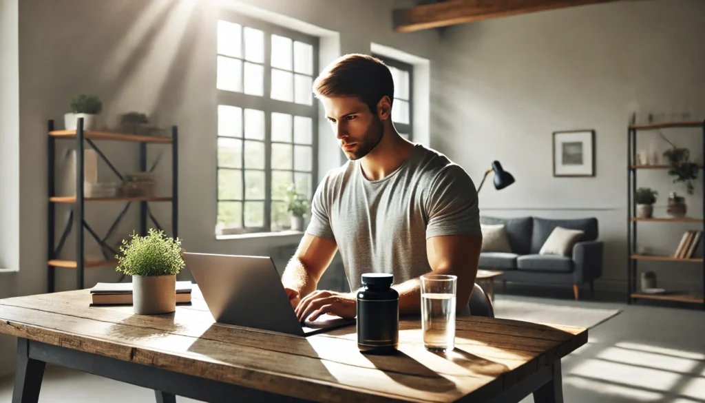 Focused young adult working at a laptop in a bright home office with natural light, a bottle of OTC focus supplements and water on the desk, representing improved concentration and mental clarity.