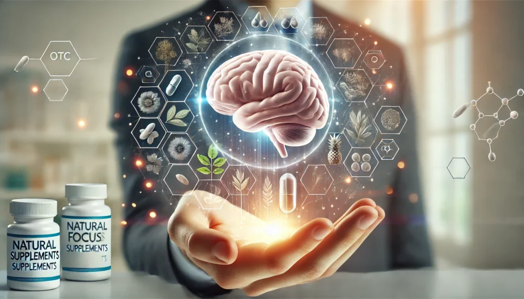 Glowing human brain hovering above a hand holding various natural cognitive supplements and nootropics, set against a modern, softly lit background to convey safe mental enhancement.