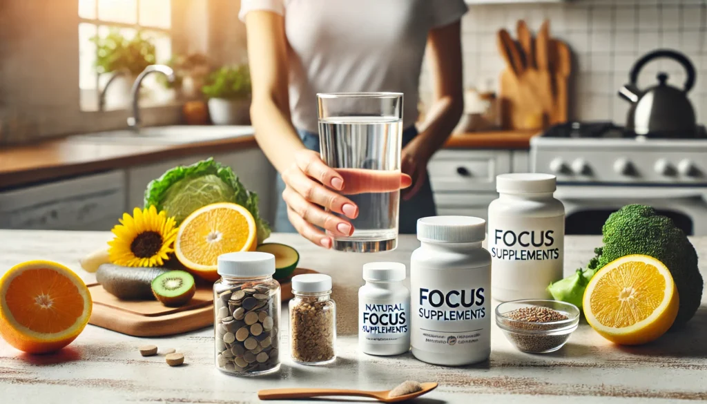 Bright kitchen scene with a person holding a glass of water near a selection of OTC focus supplements and brain-boosting ingredients, reflecting a clean, healthy morning routine for sharper focus.