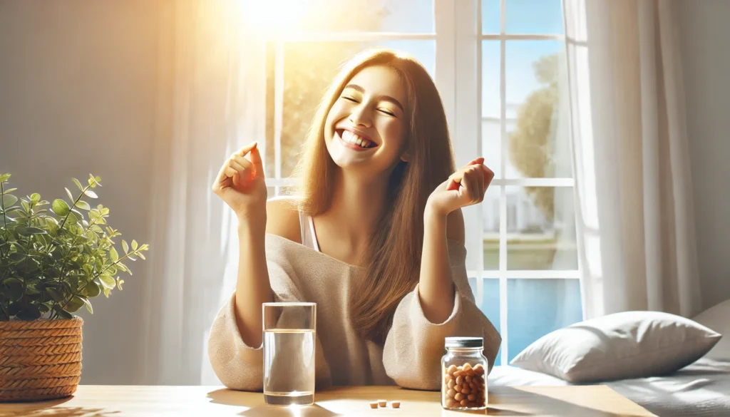 Cheerful person enjoying morning sunlight by a window, with a glass of water and vitamins nearby, representing improved vitality and mental well-being from daily supplementation.