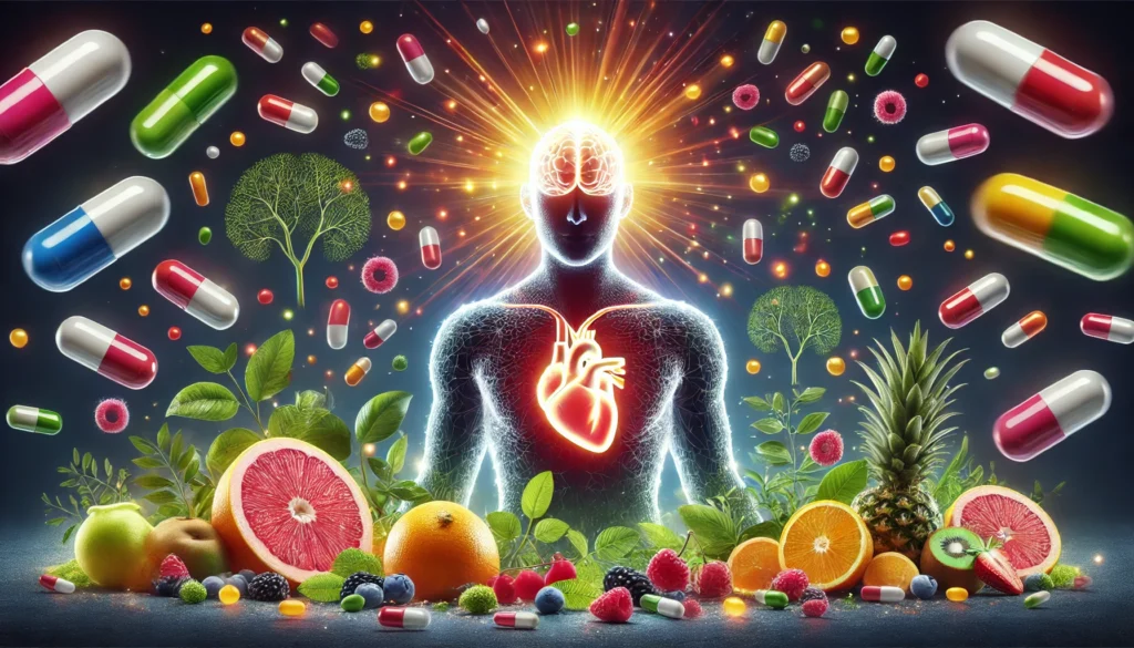 Glowing human silhouette with highlighted brain and heart surrounded by vitamin capsules, citrus fruits, and berries, symbolizing the energy- and mood-boosting effects of vitamins.
