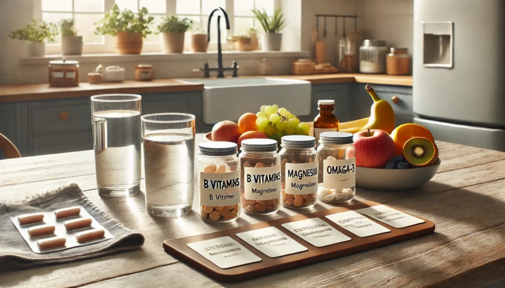 Modern kitchen counter with an organized daily vitamin routine including omega-3s, B vitamins, and fresh fruit, reflecting a clean, healthy lifestyle for mental clarity and energy.