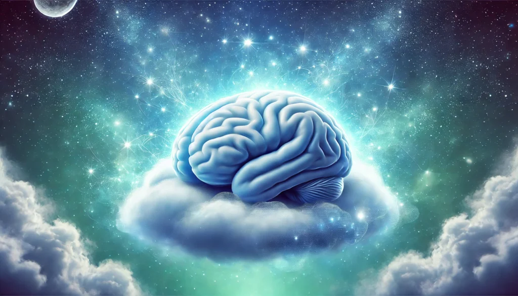 A tranquil depiction of melatonin’s role in brain health—an ethereal brain resting on a soft cloud, glowing with a calming blue light, surrounded by a cosmic aura. The background features a serene night sky filled with stars, evoking deep relaxation and mental restoration.