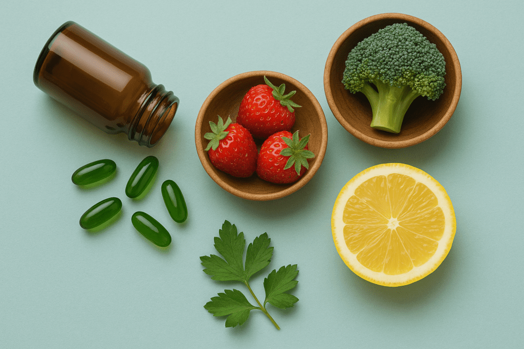 Widescreen flat lay of natural focus-boosting ingredients including green capsules spilling from an amber bottle, fresh strawberries, a broccoli floret, a lemon half, and a sprig of parsley on a light turquoise background.