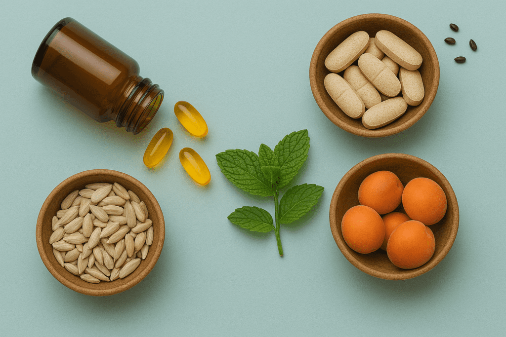Widescreen flat lay of natural supplements and foods for improving focus, featuring orange softgel capsules spilling from an amber bottle, beige tablets in a wooden bowl, sunflower seeds, fresh apricots, chia seeds, and a mint sprig on a light turquoise background.