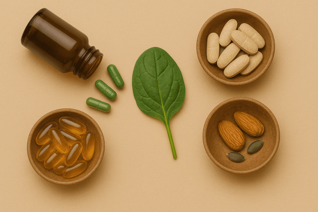 Widescreen flat lay of natural focus enhancers on a beige background, including green capsules spilling from an amber bottle, chewable tablets in a wooden bowl, a fresh spinach leaf, amber softgel capsules, almonds, and pumpkin seeds.