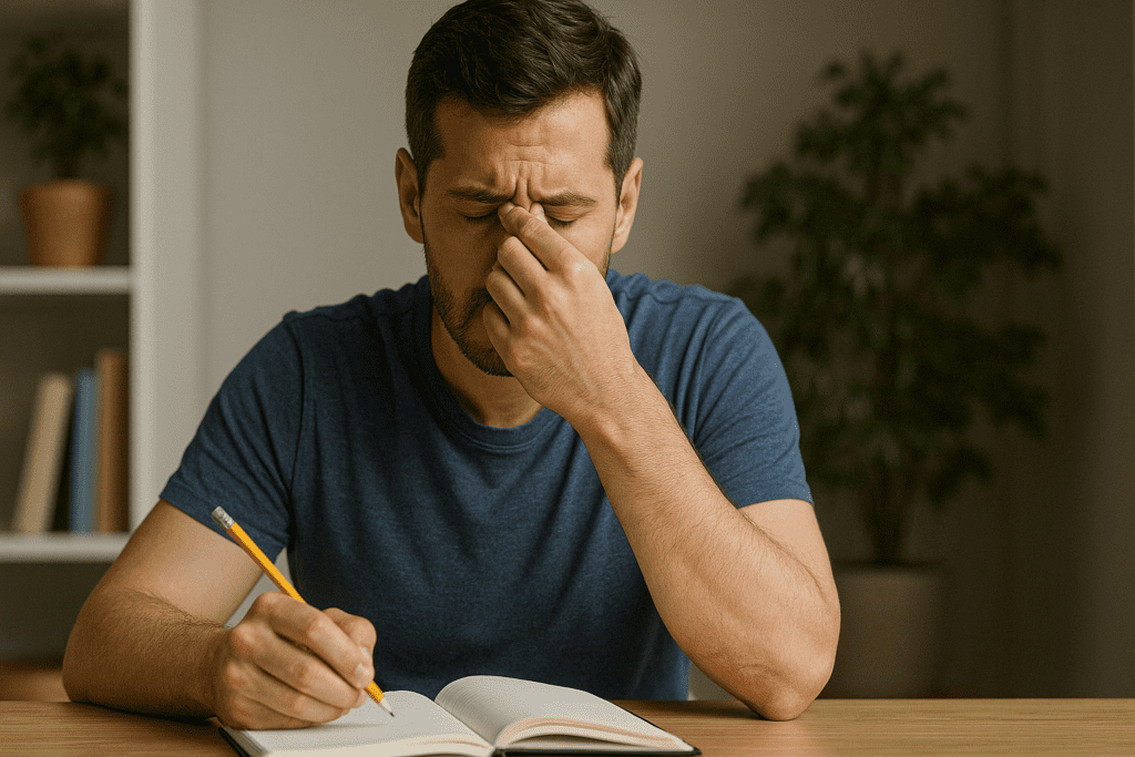 Stressed man at a desk pinching the bridge of his nose, struggling to concentrate while writing in a notebook in a calm home office.