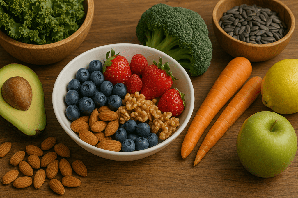 Assortment of fresh fruits, vegetables, nuts, and seeds arranged on a wooden table, showcasing nutrient-rich foods that support brain health and focus.