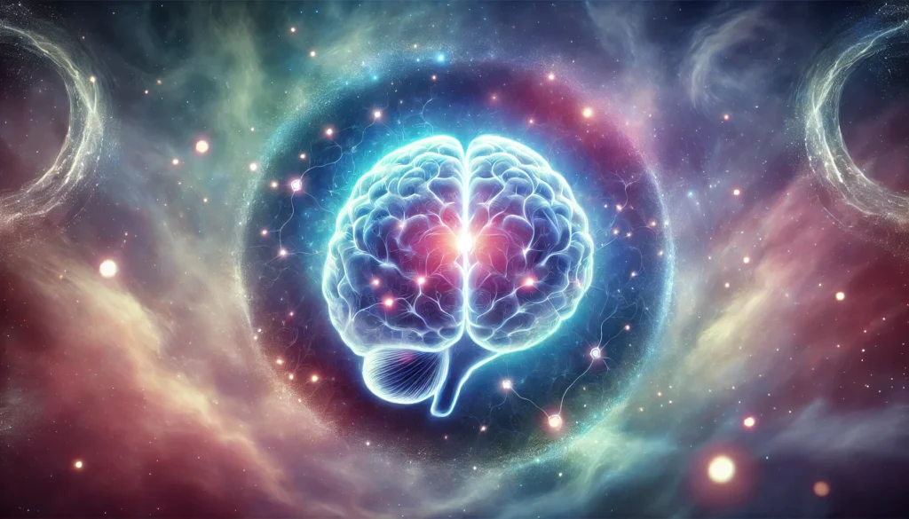 An abstract representation of melatonin enhancing brain health—an illuminated brain surrounded by a soft, glowing aura, with neurons gently lit by calming blue and purple light. The background features a celestial, dreamlike atmosphere.