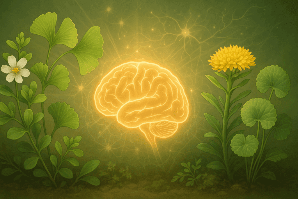 Herbs like Bacopa Monnieri and Ginkgo Biloba surrounding a glowing brain to represent the best herb for ADHD naturally.