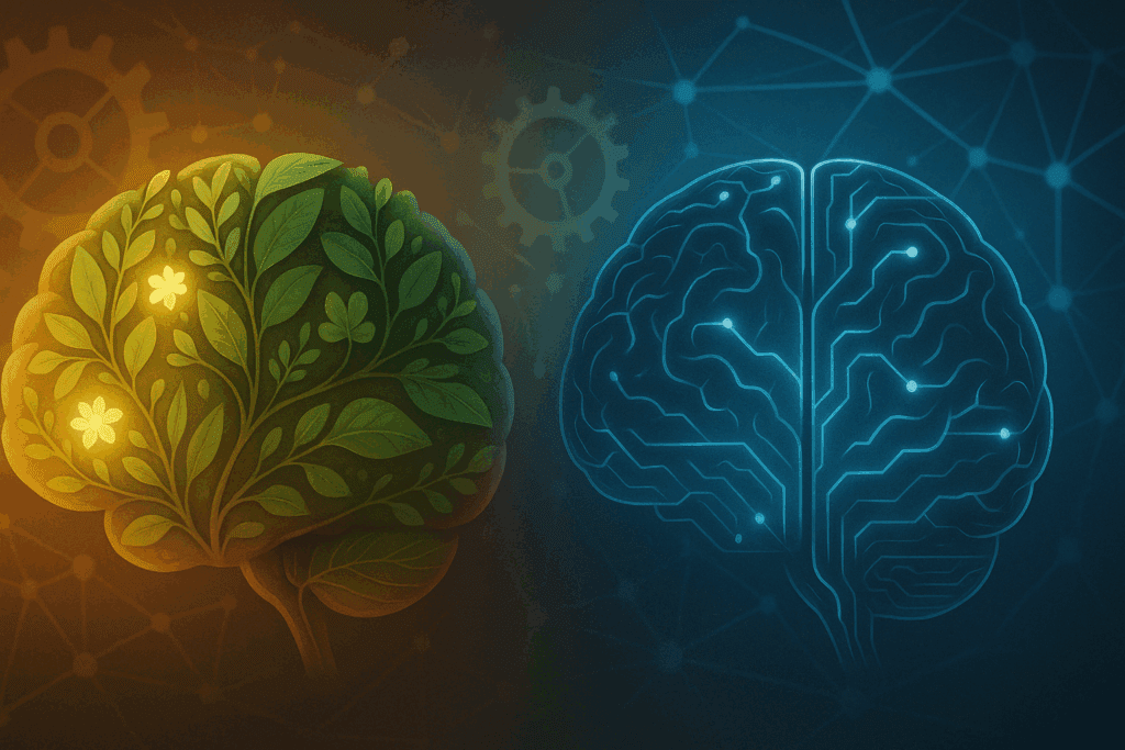 "Stylized brain comparison showing botanical energy for Noocube vs Alpha Brain powered by digital circuits, symbolizing natural vs tech-based cognition."