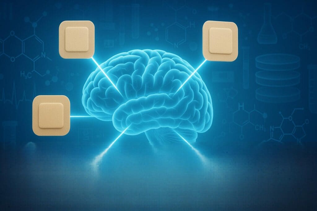 Close-up of memory patches for dementia placed on a senior woman's shoulder as part of her daily cognitive support routine.