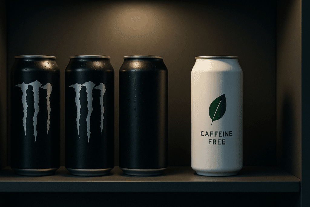 "Visual comparison of traditional black energy drink cans and a sleek white caffeine-free can on a shelf, representing the Best Decaffeinated Energy Drinks for Focus and Wakefulness."