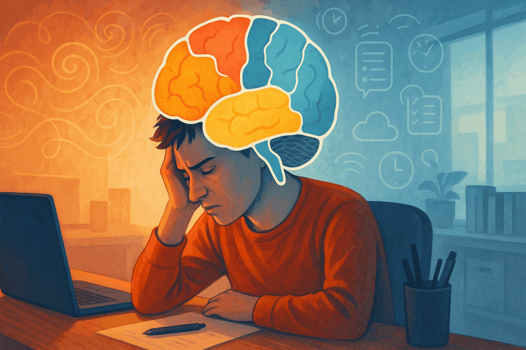 Person surrounded by swirling thoughts and brain fog at a cluttered desk, illustrating challenges that lead people to seek the best herb for ADHD.