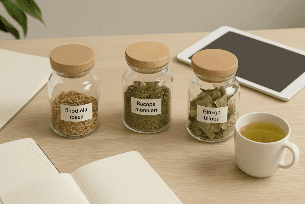 Glass jars of Bacopa, Rhodiola, and other botanicals used in studies on the best herb for ADHD