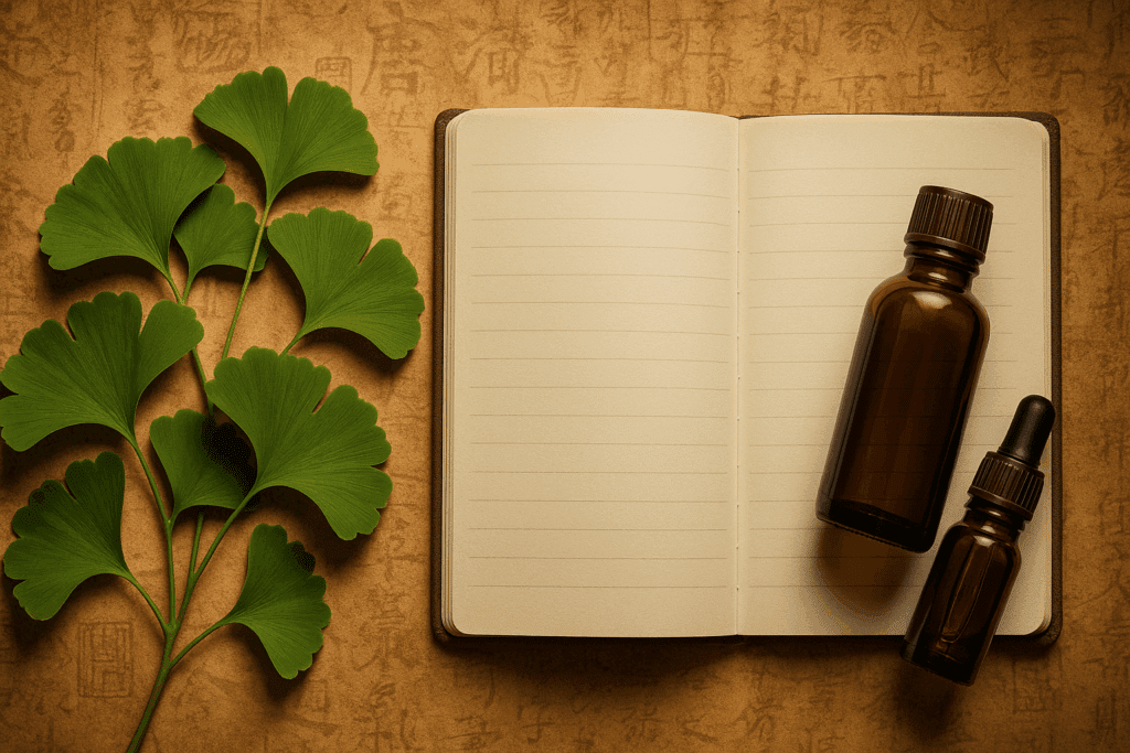 Fresh ginkgo biloba leaves and tincture on a study desk, representing the best herb for ADHD and natural memory enhancement.