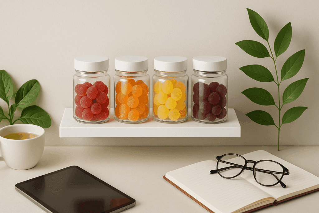 Sleek shelf display of colorful supplement jars featuring the best gummies for brain health, with leafy greens, green tea, tablet, and notebook suggesting wellness and productivity.