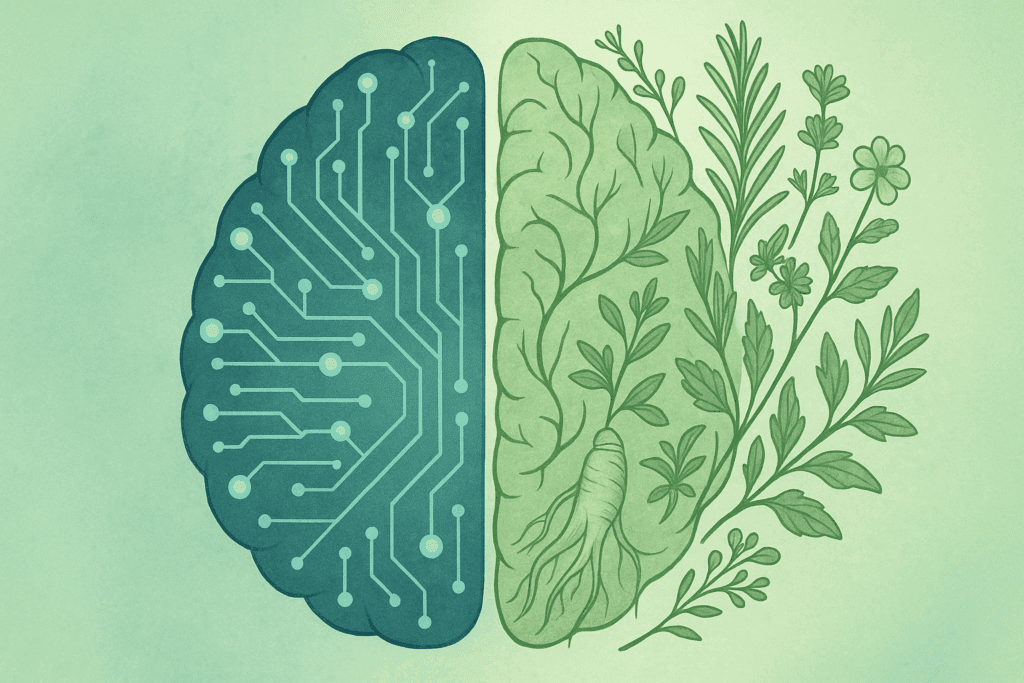 Herbal supplements like Bacopa and Gotu Kola arranged in a wellness setting, symbolizing the best herb for ADHD and natural brain support.