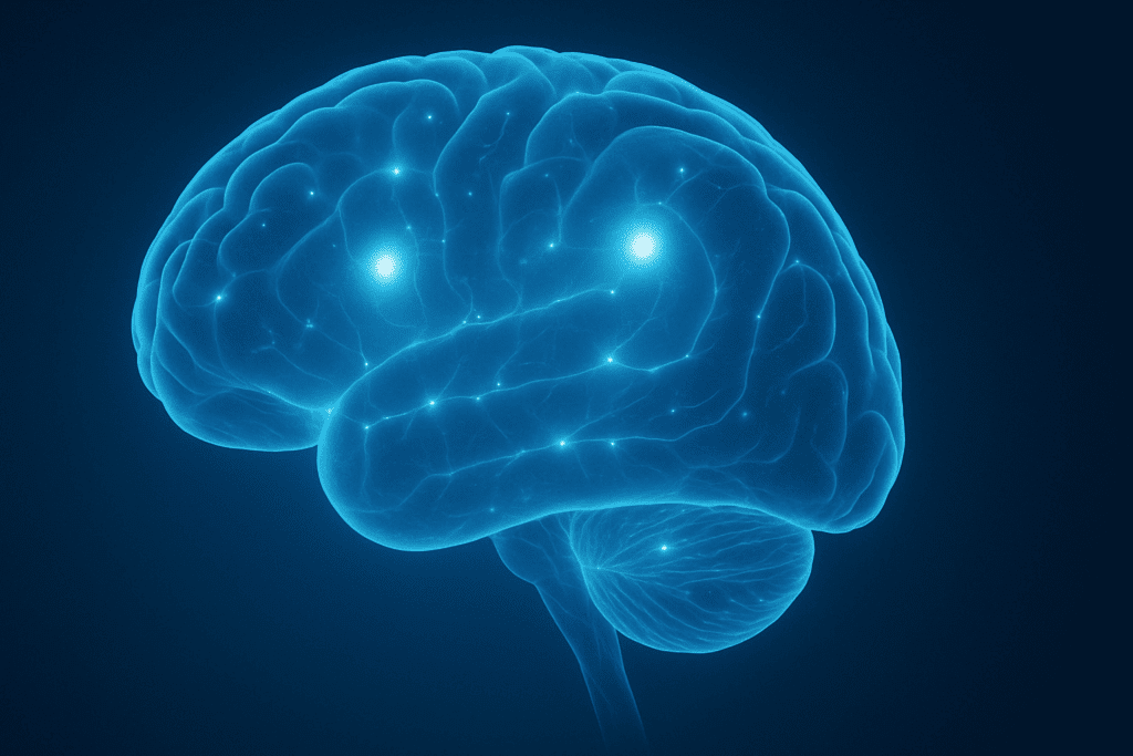 "Artistic rendering of the human brain with glowing blue neurotransmitter pathways highlighting focus and emotion areas, symbolizing the calming effects of the best GABA supplement for ADHD"