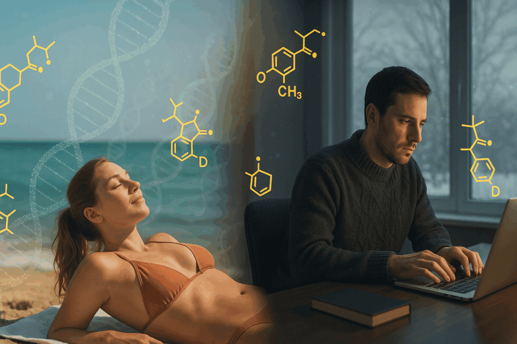 "Two people with different vitamin D exposure and genetic markers, showing why can too much vitamin D cause dementia varies individually"