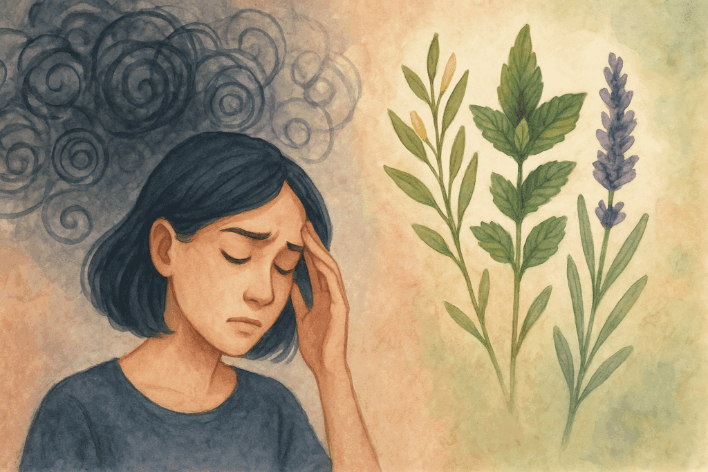 Stressed woman transitioning to calm with natural herbs illustrating the best herb for ADHD and emotional clarity