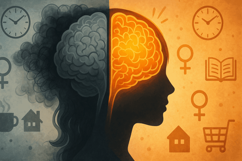Top herbs for ADHD in women shown with labeled illustrations of ashwagandha, ginkgo biloba, and bacopa monnieri on a wellness-themed background