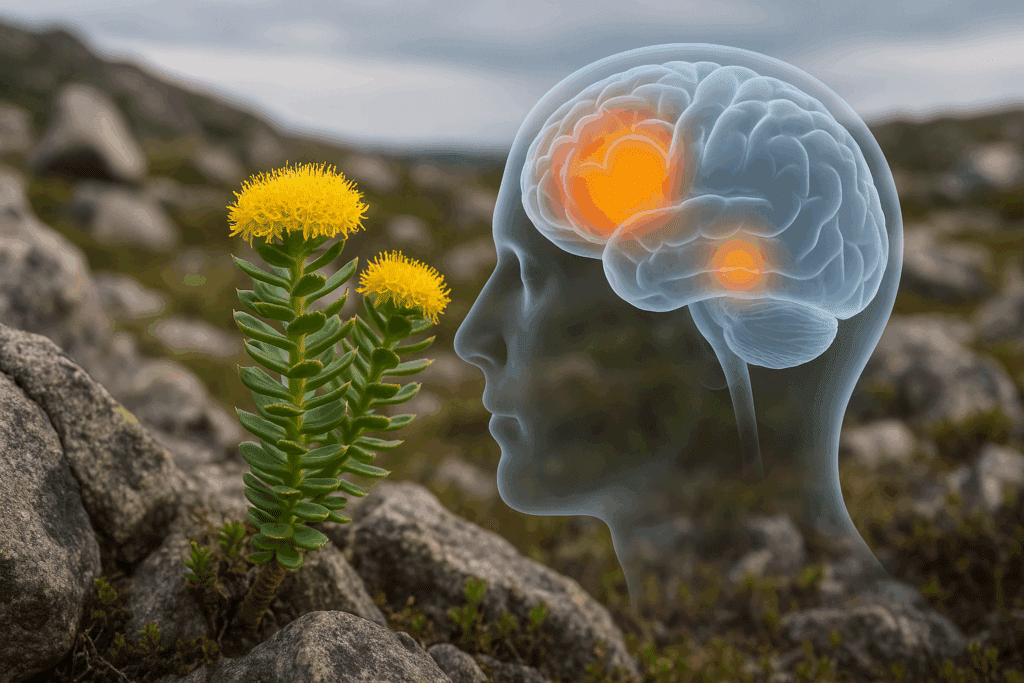 Rhodiola rosea plant growing in arctic soil, symbolizing its role in the Top Science-Backed Herbs for ADHD in Women for reducing mental fatigue.