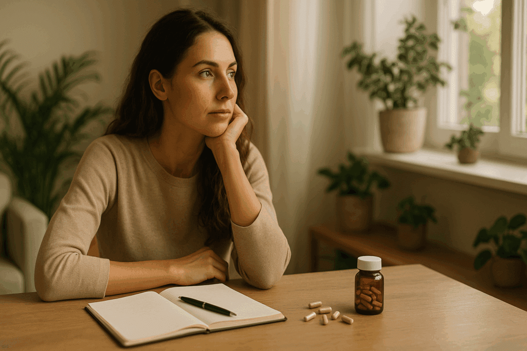 Herbal supplements including Bacopa and Ginkgo on a wooden table, illustrating top science-backed herbs for ADHD in women.