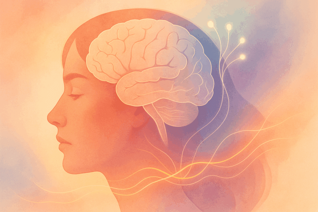 Focused woman in a natural setting surrounded by herbs for ADHD in women like Ginkgo and Bacopa, symbolizing clarity and balance