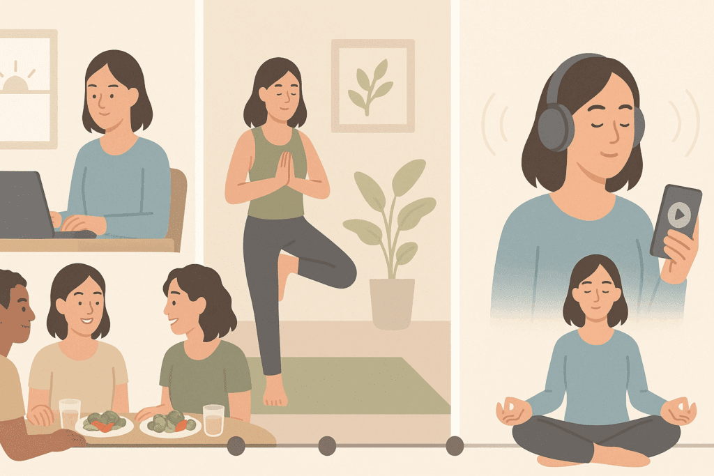 "Timeline illustration of a mind boost day showing deep work at a computer, yoga, social lunch, podcast listening, and evening meditation"