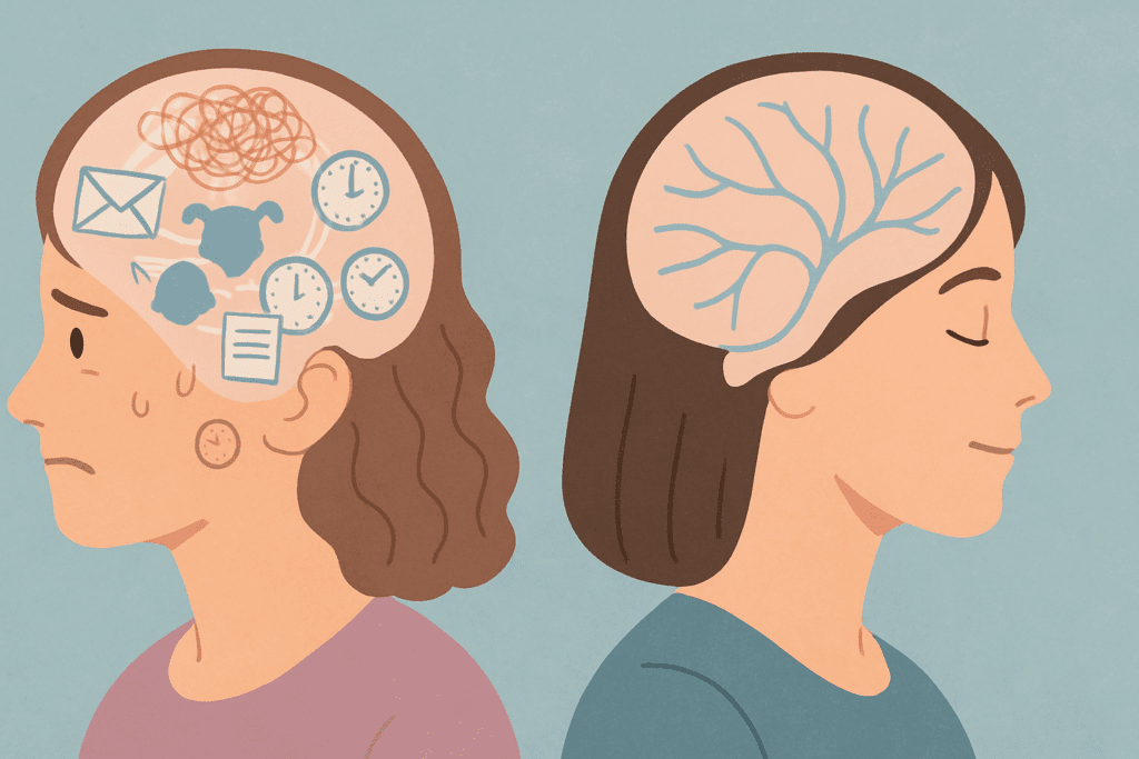 Two illustrated women’s brains comparing mental overload and clarity, exploring the best herb for ADHD support.