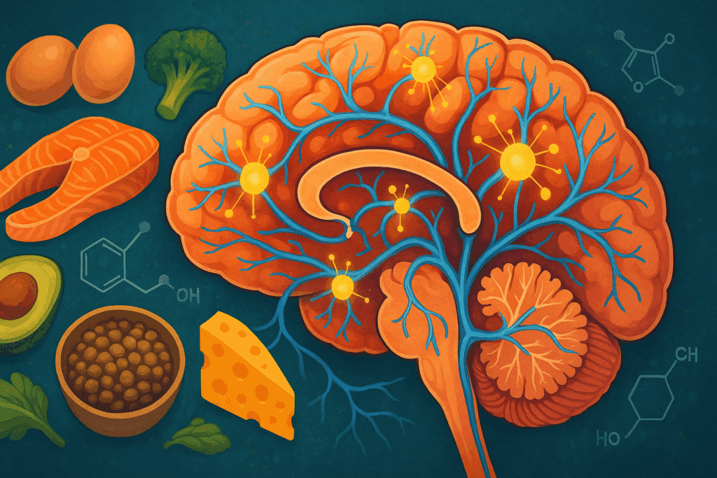 Neural network illustration with highlighted brain regions and B12 molecules, visualizing the question: does vitamin B12 help with memory.