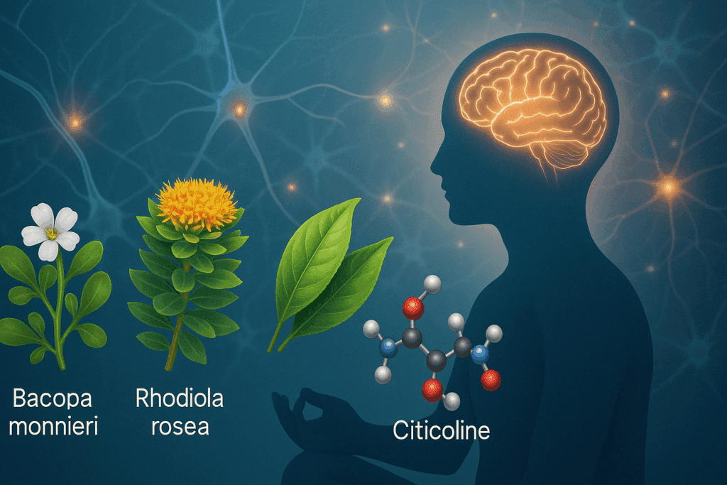 Natural ingredients in advanced brain power supplements, including bacopa monnieri, Rhodiola rosea, green tea leaves for L-theanine, and a citicoline molecule, surrounding a meditating human silhouette with an illuminated brain and neural synapses.