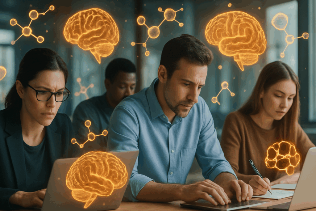 "Professionals and students working intensely with glowing brain and molecule graphics representing cognitive demand, featured in Mindhoney Reviews"