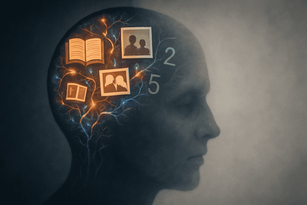 Fragmented human silhouette fading into neural pathways and mist, symbolizing what causes amnesia and memory breakdown.