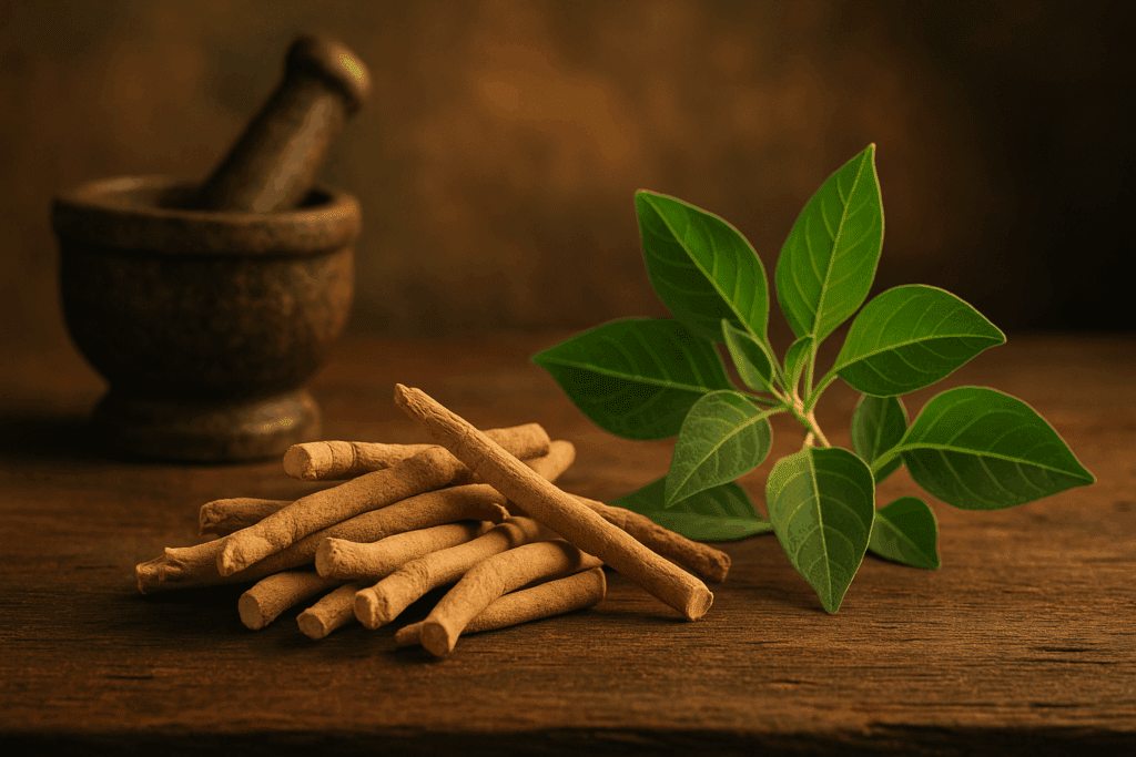Ashwagandha roots and leaves arranged in a holistic wellness setting, promoted as one of the best herbs for ADHD