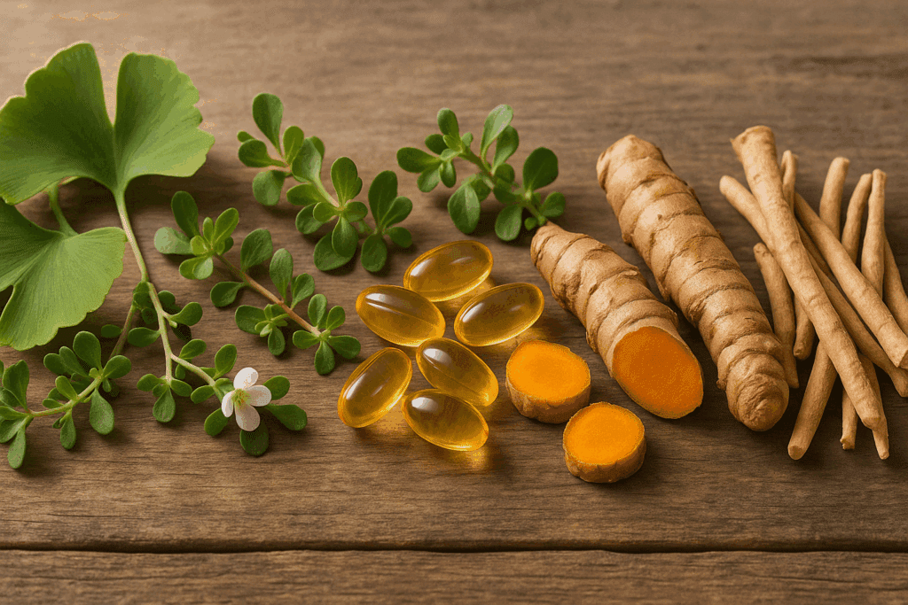 Natural ingredients used in ageless brain supplements, including ginkgo biloba leaves, bacopa monnieri, turmeric roots, ashwagandha, and omega-3 capsules on a wooden table.