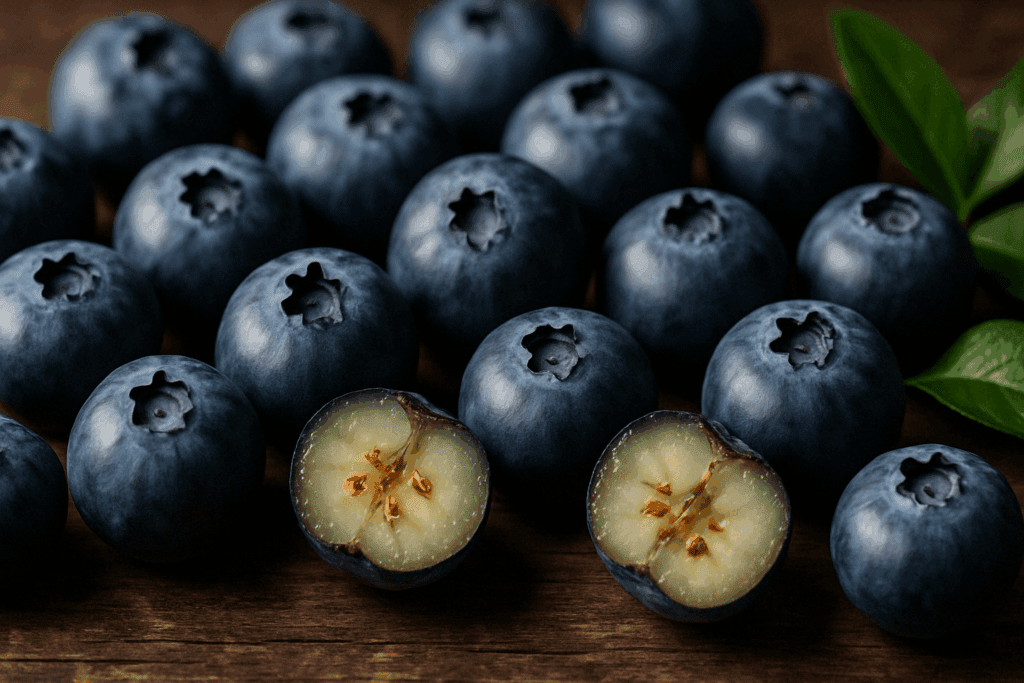 Fresh blueberries on a rustic wooden surface, showcasing antioxidant-rich foods that help the nervous system.