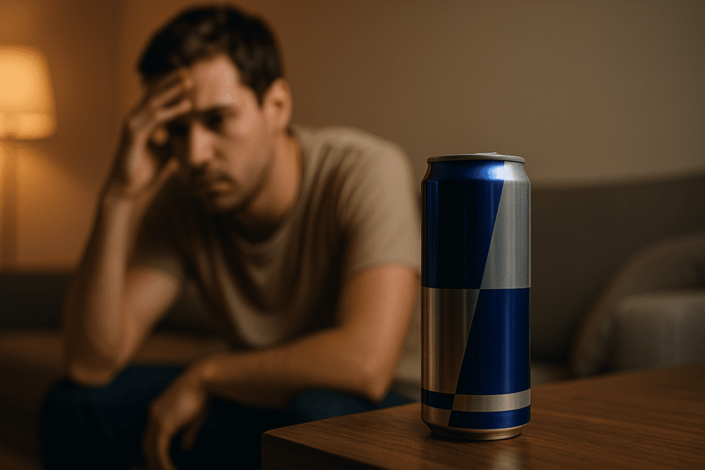 In a softly lit room, a Red Bull can sits in sharp focus on a wooden surface while a tired man in the background rests his head in his hand, clearly fatigued. The warm tones and subtle emotional contrast visually highlight the disconnect between the drink’s promise of energy and its real effects on focus and health.